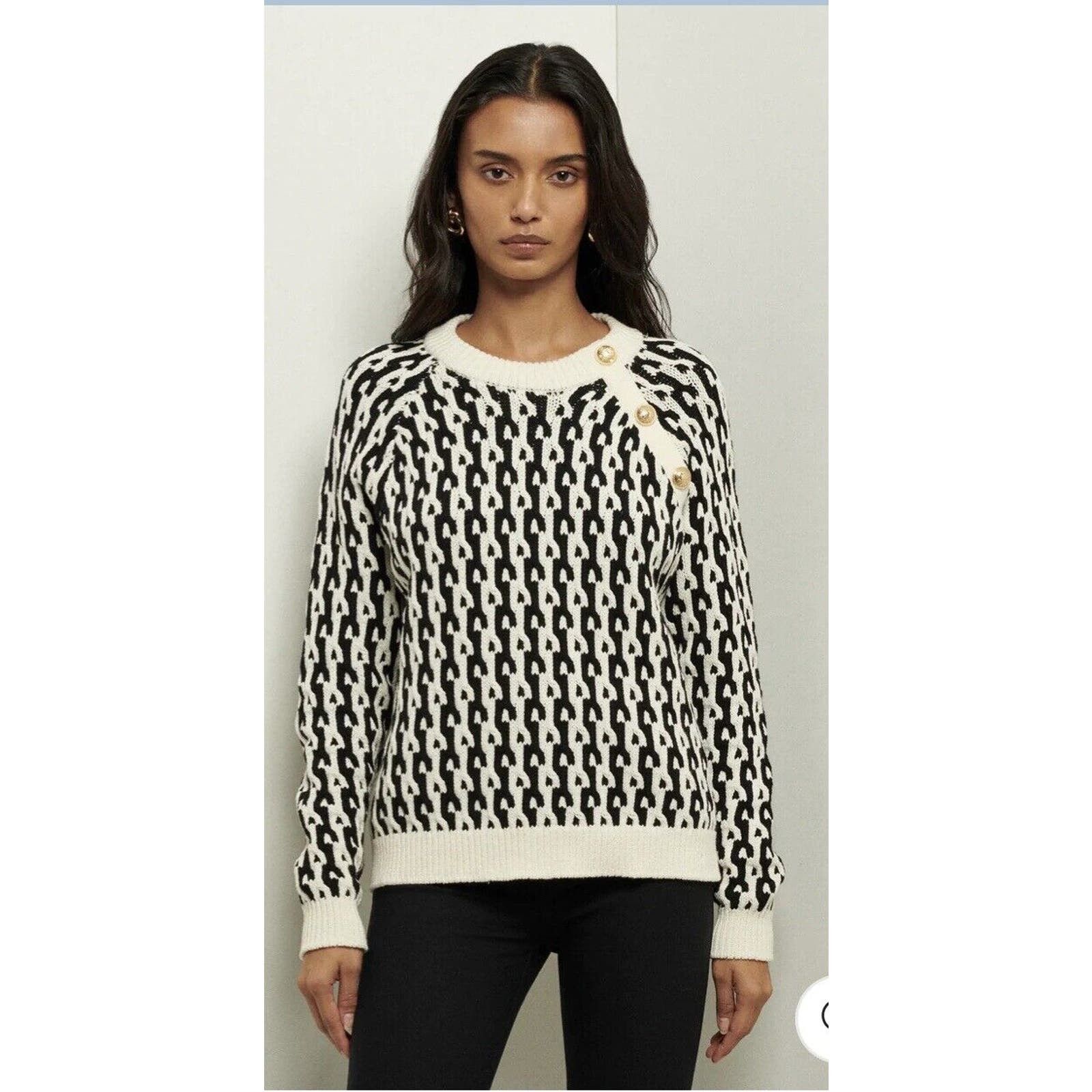 image of Derek Lam 10 Crosby - Sawyer L/s Gold Button Crewneck in Black, Women's (Size Small)