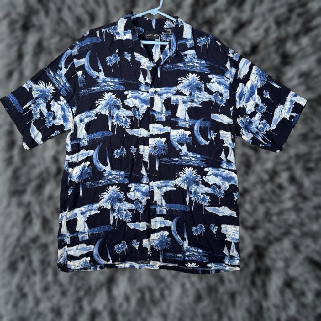 Vintage VINTAGE Hawaiian Shirt Large L Blue Rayon Button-Up 90s Hawaiian Moon Palm Summer Camp Vacation Coastal Surf Men Mens Size US L / EU 52-54 / 3 - 1 Thumbnail