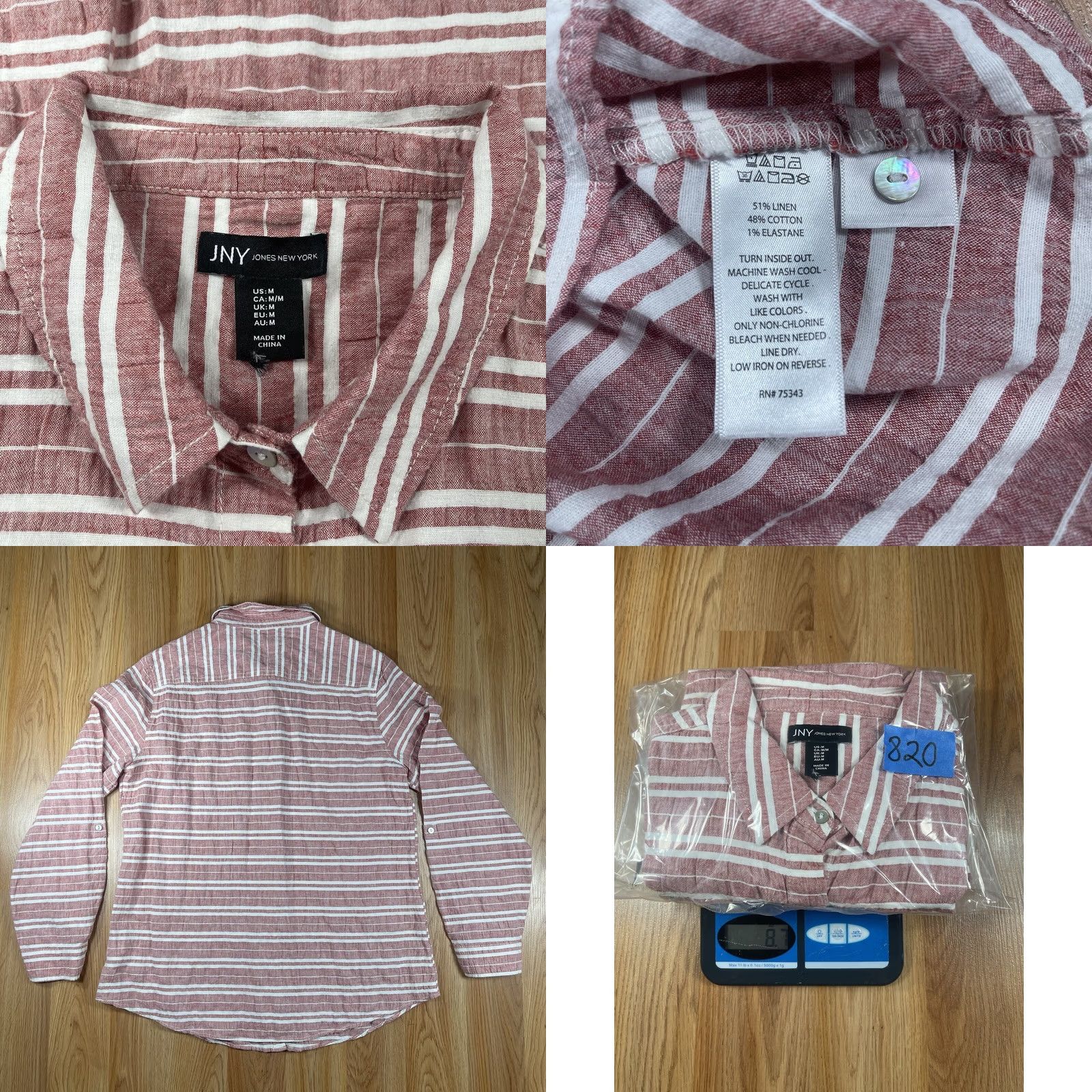 Jones New York JNY Jones NY Linen Blend Striped Long Roll Tab Sleeve Button Up Shirt Womens M Pink Shirt Ladies M Size M / US 6-8 / IT 42-44 - 8 Thumbnail