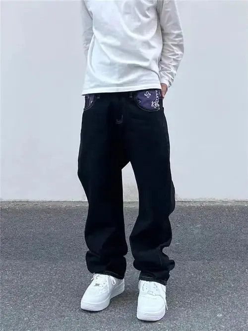 Jean Black High Street Hip Hop Printed Wide Leg Jeans Size US 30 / EU 46 - 3 Thumbnail