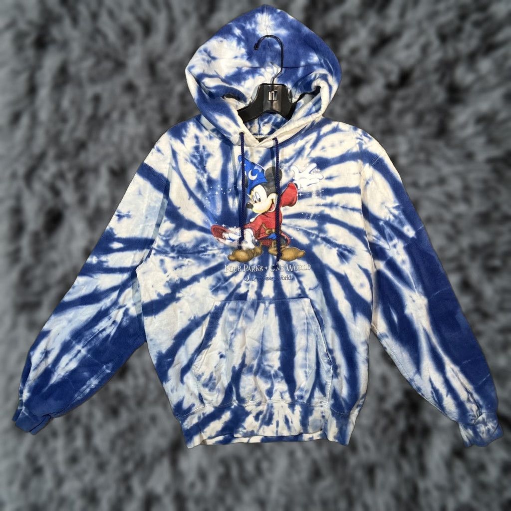 Disney Walt Disney World Mickey Mouse Tie-Dye Hoodie Four Parks one World Blue SZ S Hoodie Unisex Adults S Blue Mickey Mouse Disney Pullover Activewear Size S / US 4 / IT 40 - 1 Thumbnail