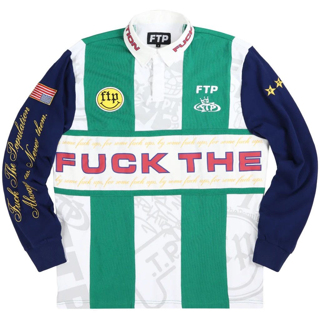 Fuck The Population FTP SOUVENiR RUGBY JERSEY LONGSLEEVE POLO SPORT GREEN NAVY Size US L / EU 52-54 / 3 - 1 Thumbnail