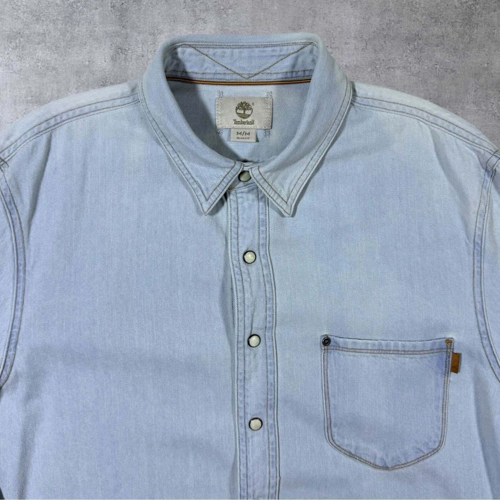 Timberland Timberland Shirt Denim Slim Fit Faded Blue Long Sleeve Button-Up Medium Mens Regular Cotton Popper Button Casual Size US M / EU 48-50 / 2 - 3 Thumbnail