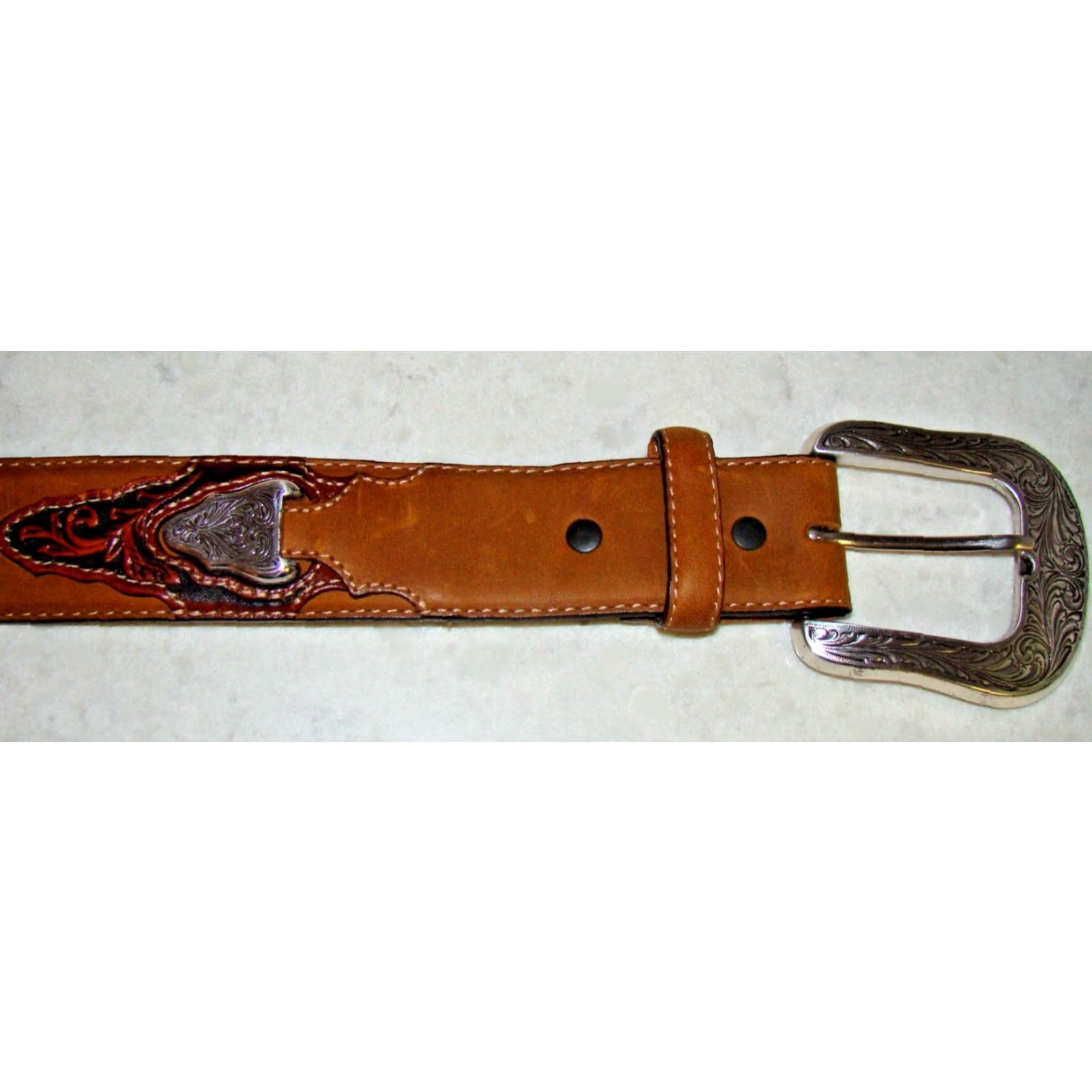 Vintage Justin THE WESTERNER Belt Mens 42 Tooled Leather Aztec Concho Brown 1 1/2” Western Mens Size 42 - 3 Thumbnail