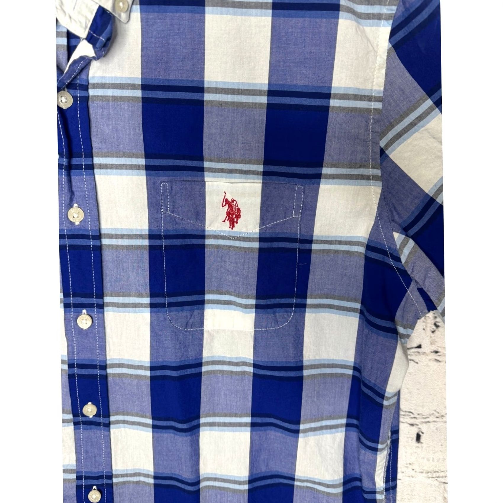 U.S. Polo Assn. US Polo Assn Plaid Shirt Button-Down Short Sleeve Men L Blue Embroidered Pony Logo Casual Shirt Size US L / EU 52-54 / 3 - 2 Thumbnail