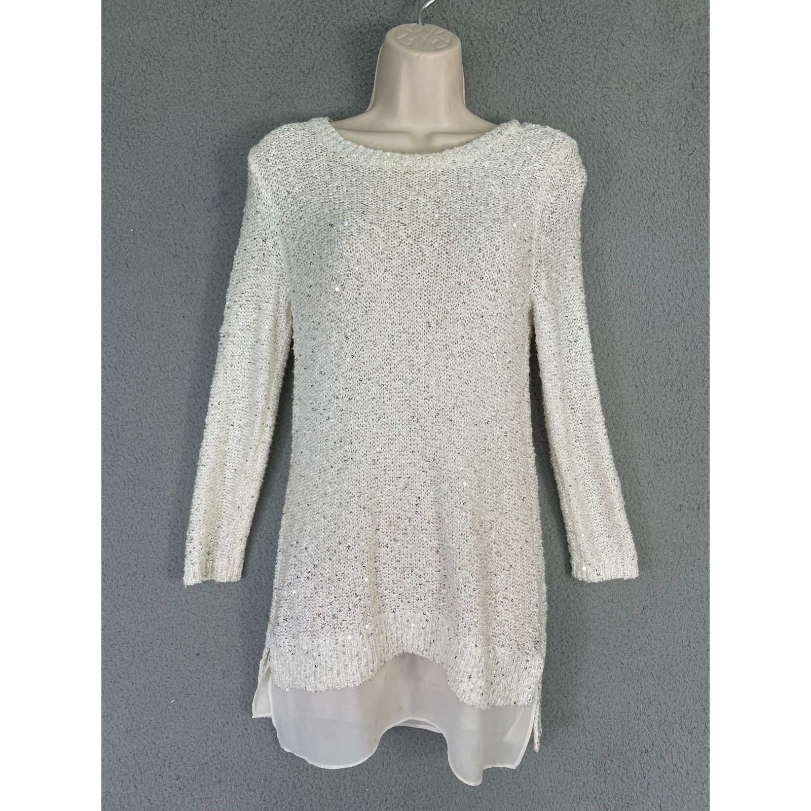 Loft LOFT White Sequin Knit Sweater Tunic Sheer Hem Women's Small Size S / US 4 / IT 40 - 1 Thumbnail
