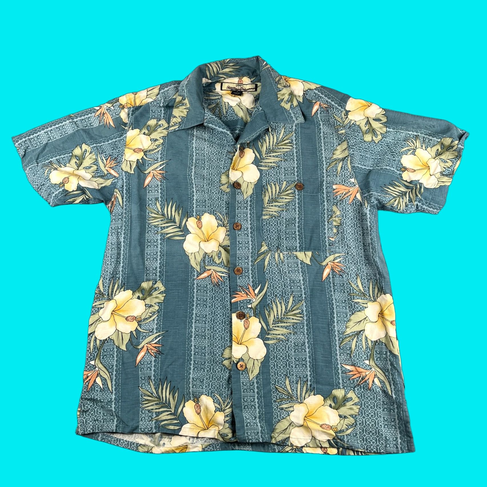 VINTAGE Tommy Bahama Silk Hawaiian Shirt Small Blue Floral