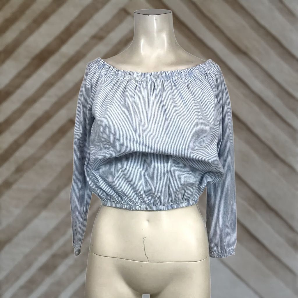 Vintage JOHN GALT Womens M/L Blue/White Stripe Long Sleeve Elastic Crop Top Size M / US 6-8 / IT 42-44 - 1 Thumbnail
