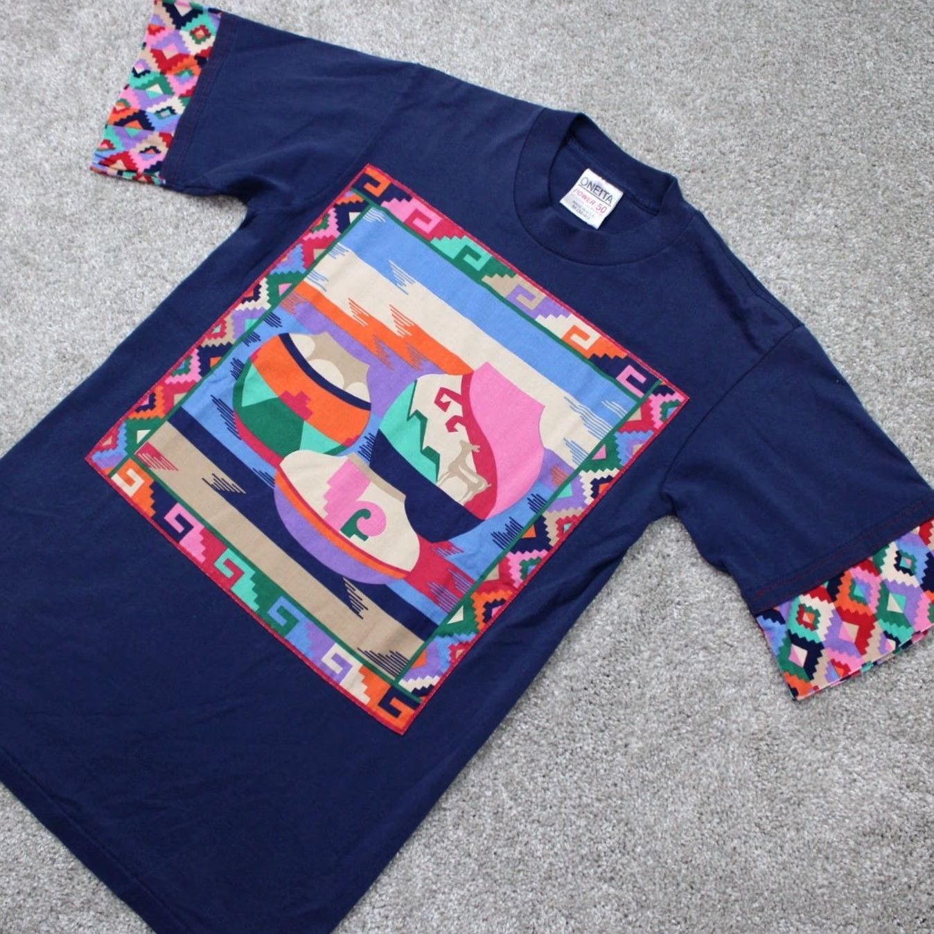 Vintage VINTAGE Oneita Power/50 Shirt Mens Medium Blue Aztec Southwest Tribal S/S Size US M / EU 48-50 / 2 - 3 Thumbnail