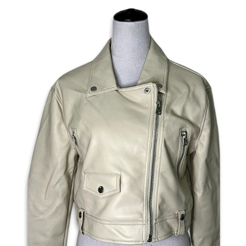 Topshop Topshop Moto Jacket Faux Leather Zipper Long Sleeve Cream 2 Size XS / US 0-2 / IT 36-38 - 2 Thumbnail
