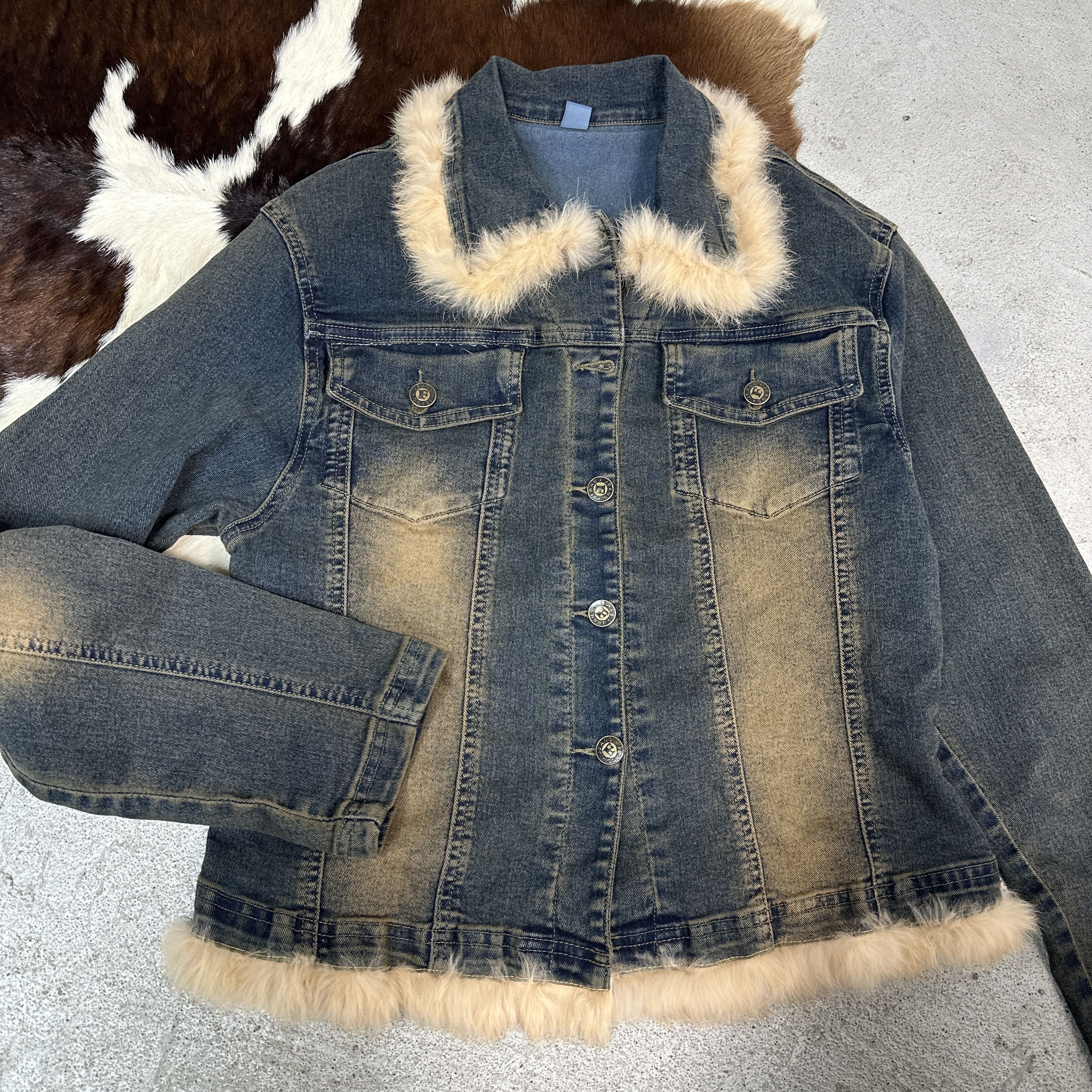 Vintage Vintage Denim Jeans Jacket Faded Fur Y2K Size M / US 6-8 / IT 42-44 - 3 Thumbnail