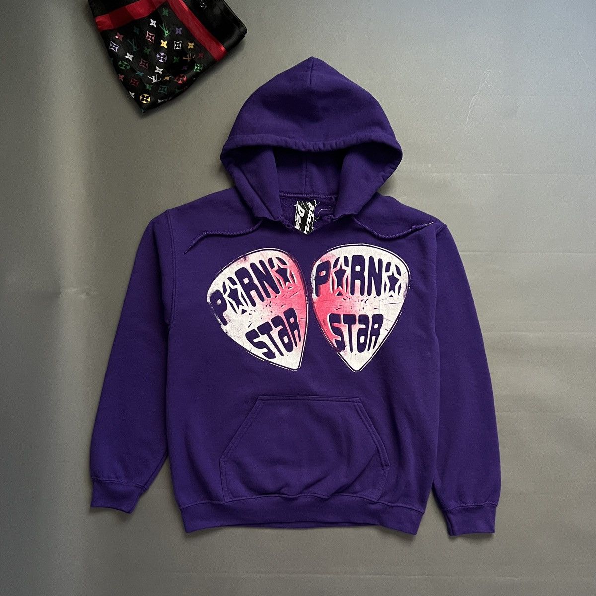 image of Archival Clothing Pornstar Guitar Pick Graphic Hoodie Punk in Purple, Men's (Size Medium)