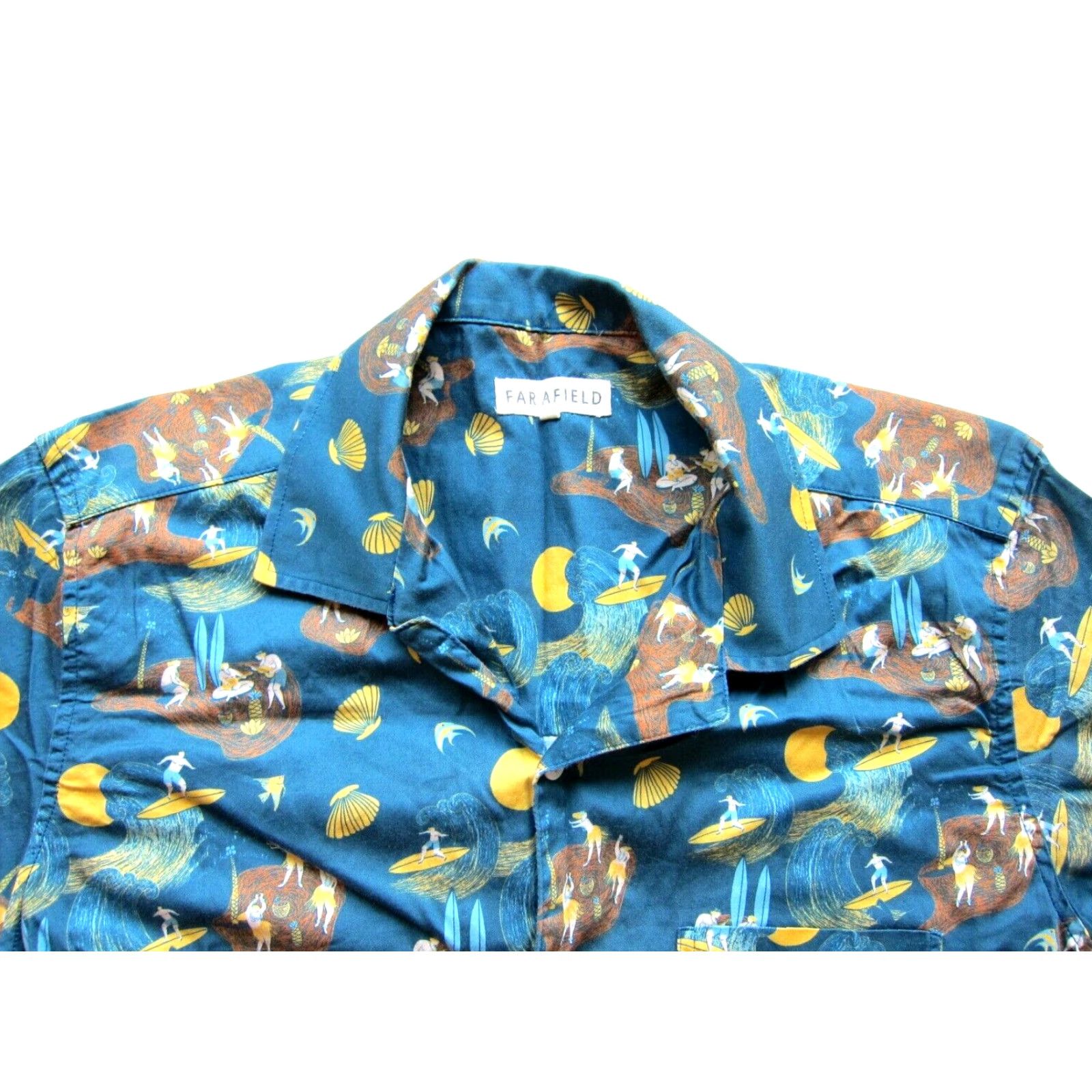Far Afield Far Afield Shirt Hawaiian Men S Short Sleeve Organic Cotton Blue Yellow Surf Shell Button-Up 1/S Size US S / EU 44-46 / 1 - 4 Thumbnail