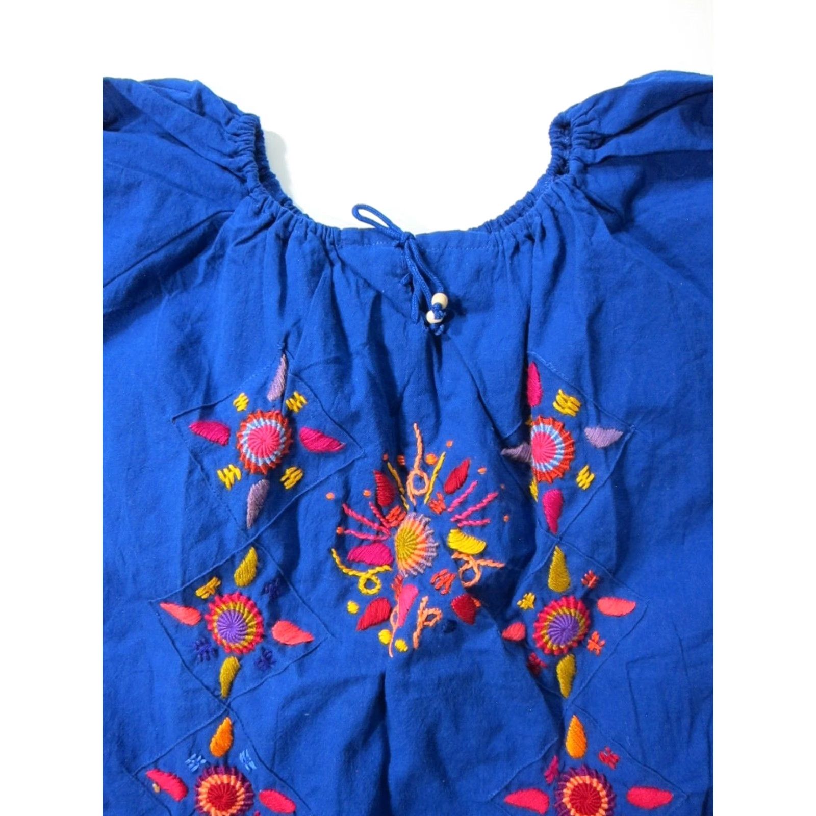 Vintage VINTAGE Handmade Ethnic 100% Cotton Blue Pink Orange Embroidered Peasant Blouse Small Size S / US 4 / IT 40 - 3 Thumbnail