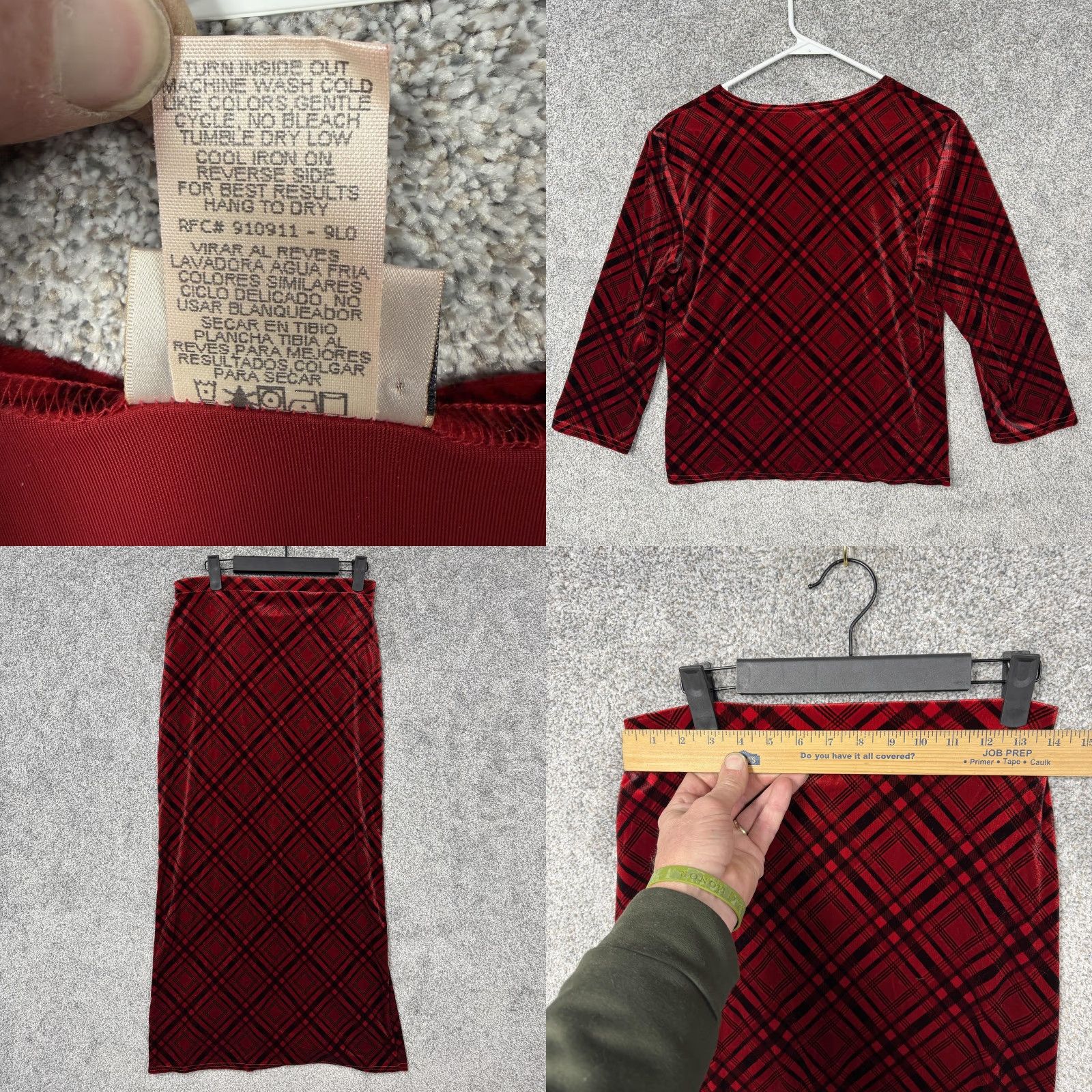 Lee VINTAGE Kathie Lee Collection Velour Outfit Set Women S China Red Plaid 2 Piece Sweater Skirt Autumn Winter 3/4 Sleeve Mens? Ladies? Size 28" / US 6 / IT 42 - 8 Thumbnail