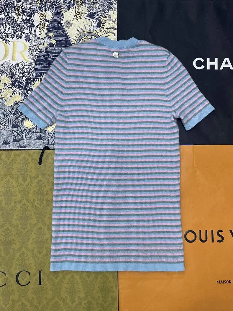 Chanel Chanel 25B pink blue striped cashmere short sleeves Size XS / US 0-2 / IT 36-38 - 3 Thumbnail
