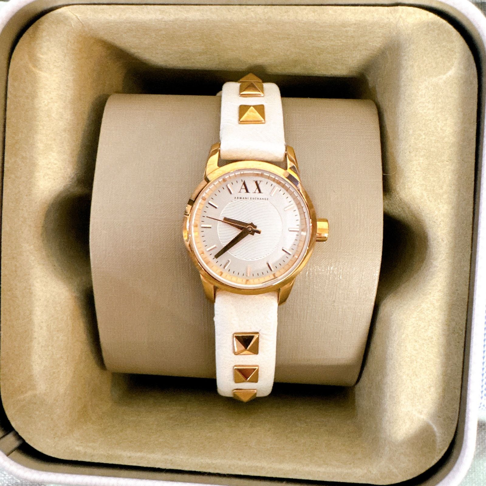 Armani Exchange Armani Exchange AX6020 Rose Gold Studded White Leather Strap Size ONE SIZE - 1 Thumbnail