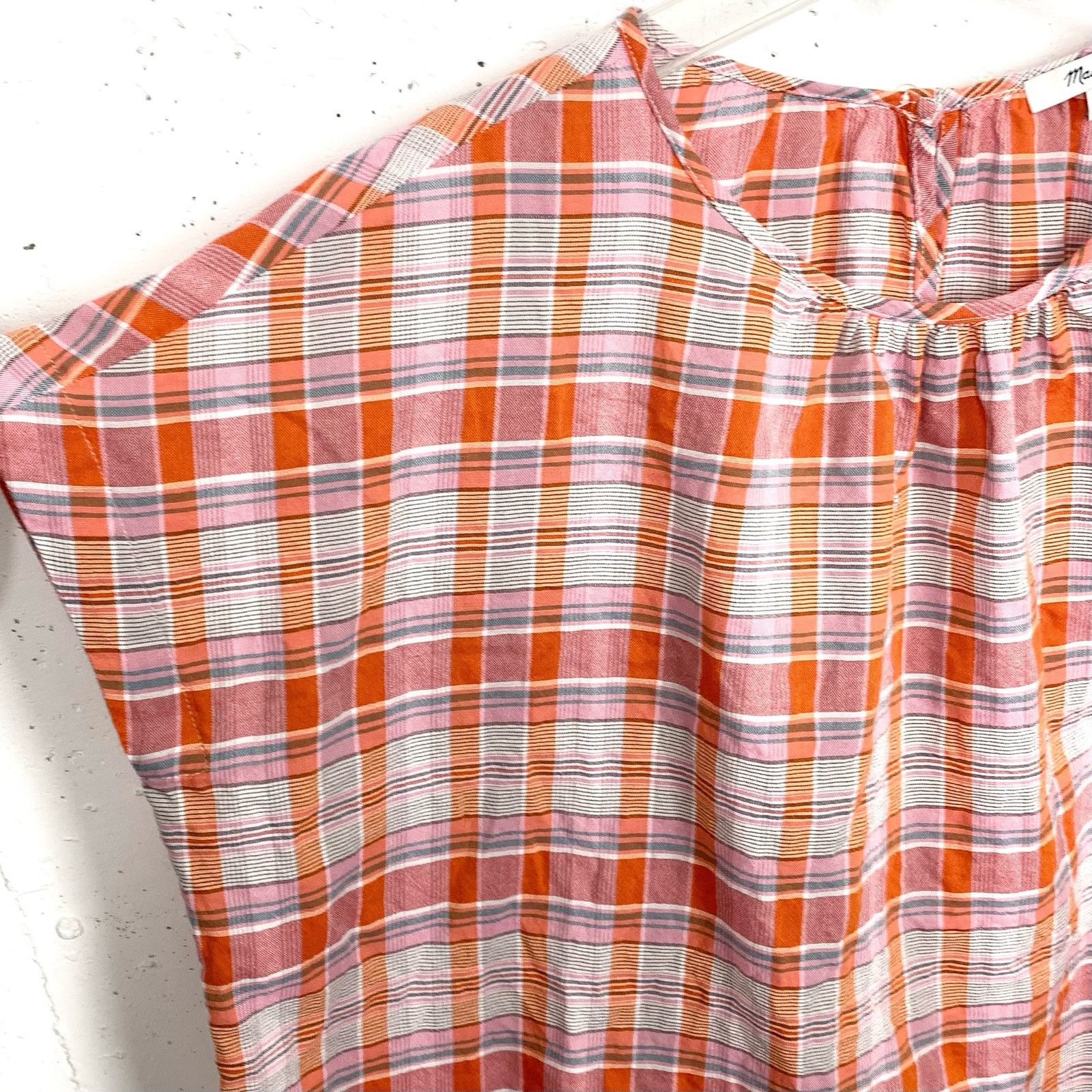 Madewell Madewell Plaid Shirred Neck Boxy Top Cotton Short Sleeve Size XXS / US 00 / IT 34 - 6 Thumbnail