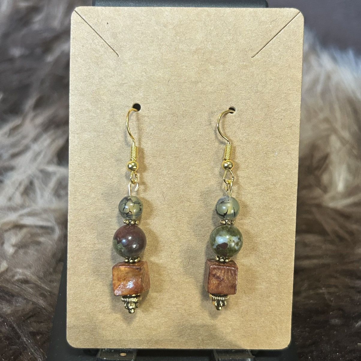 Handmade Handcrafted vintage wood bead dragon vein agate earrings Size ONE SIZE - 2 Thumbnail