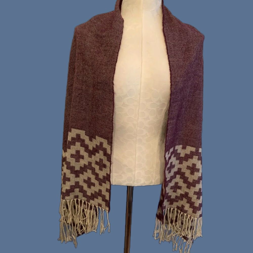 Vintage VINTAGE Fringed Reversible Print Shawl Wrap Scarf 64 x 29 Merlot Tan Shawl Wrap Women Brown Fringe Geometric Reversible Fall Winter Size ONE SIZE - 1 Thumbnail