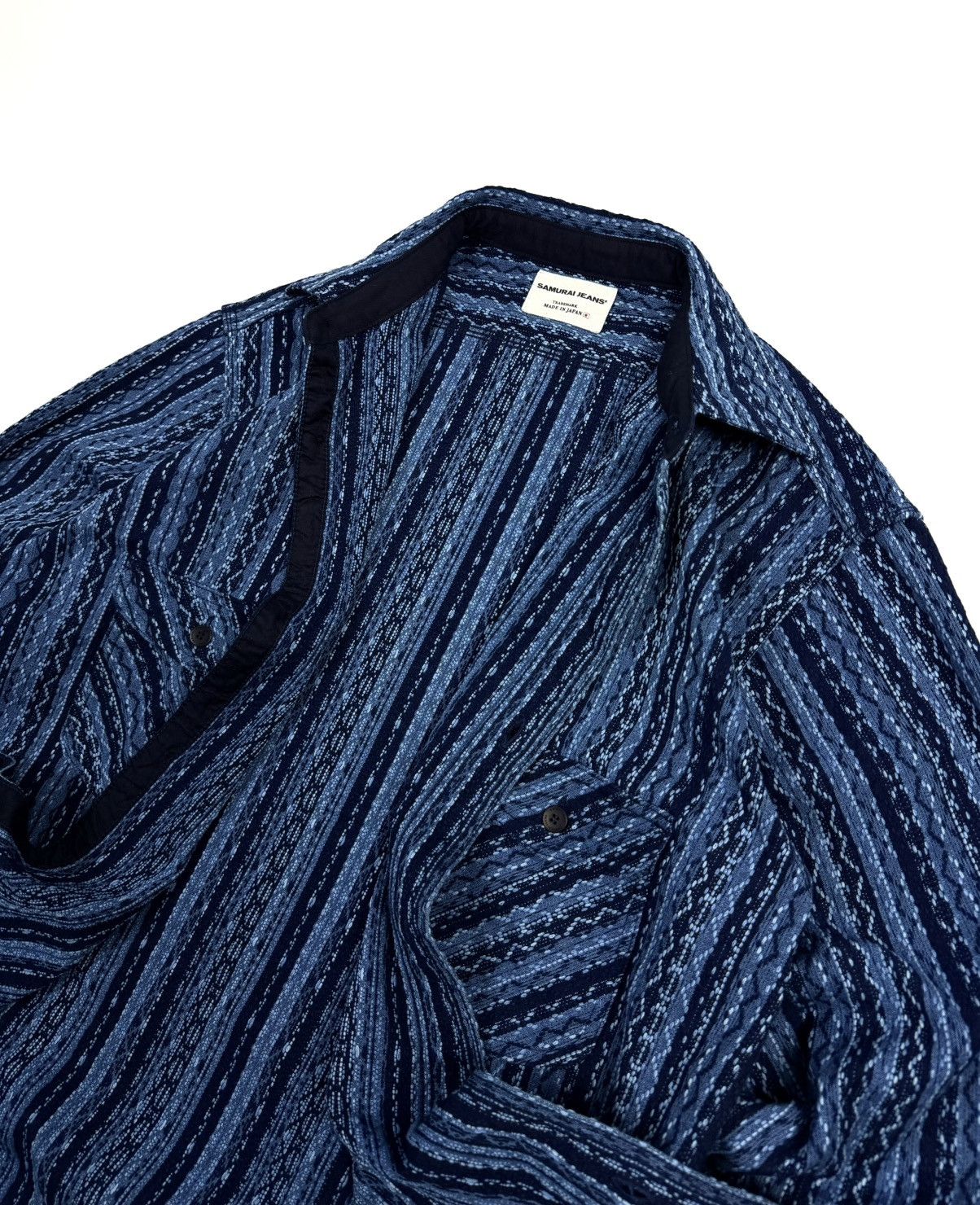 Samurai Jeans Samurai Jeans Japanese Indigo Sashiko Stripe Work Shirt rare Size US XXL / EU 58 / 5 - 13 Thumbnail