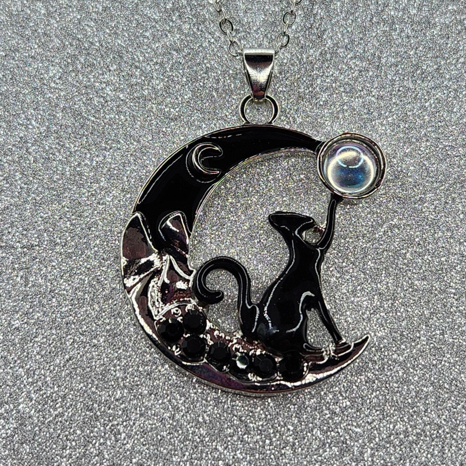 Other Black Cat on Crescent Moon Necklace with Moonstone Accent Size ONE SIZE - 2 Thumbnail