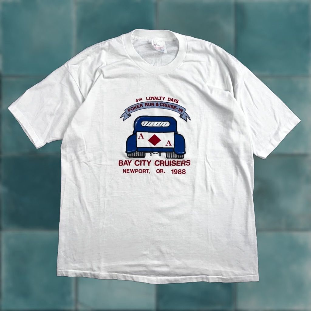 Vintage VINTAGE T-Shirt Men White 80s 70s 90s Poker Run Newport Oregon VTG Cars Ace Diamond Gamble Cars Cool Graphic Print Crew Neck Short Sleeve L Size US L / EU 52-54 / 3 - 1 Thumbnail