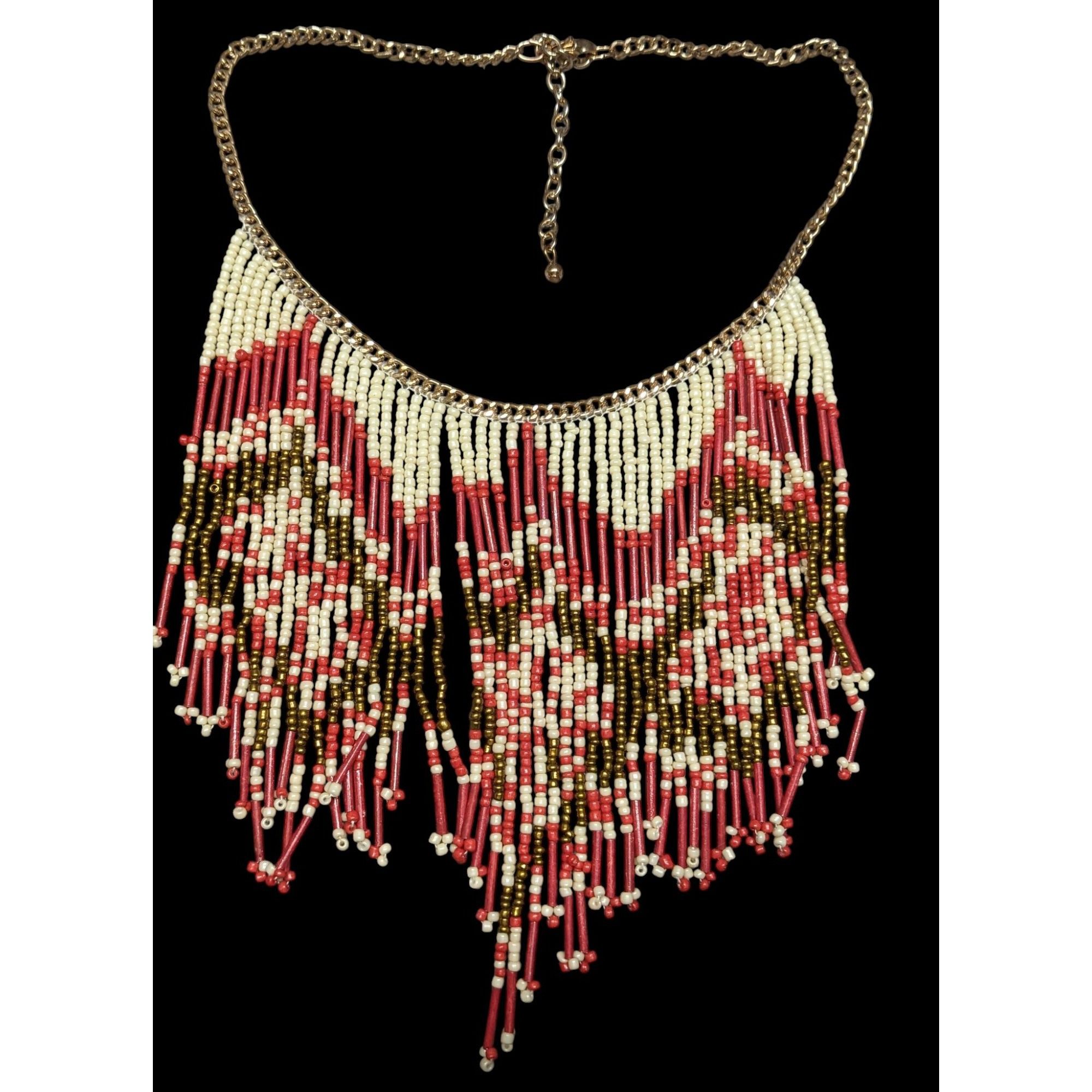Other Bohemian Handmade Beaded Fringe Necklace In Red Cream & Gold Size ONE SIZE - 1 Thumbnail