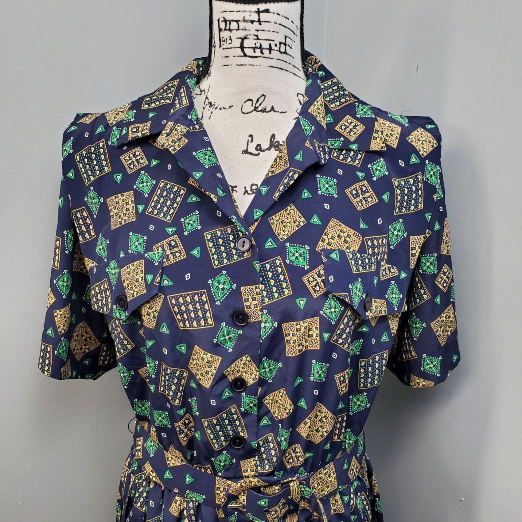 Vintage Leslie Fay Peggy Swing Dress Womens 18P Multi Geo Print Pleated Belted Waist Dress Size XXL / US 16-18 / IT 52-54 - 3 Thumbnail