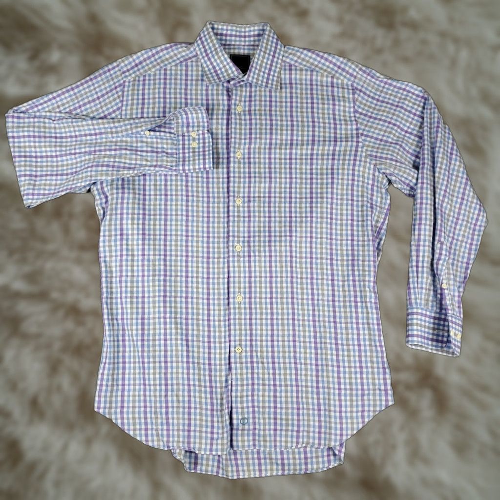David Donahue David Donahue Shirt Mens Size 16 Blue Check Dress Button Up Long Sleeve Size 42R - 1 Thumbnail