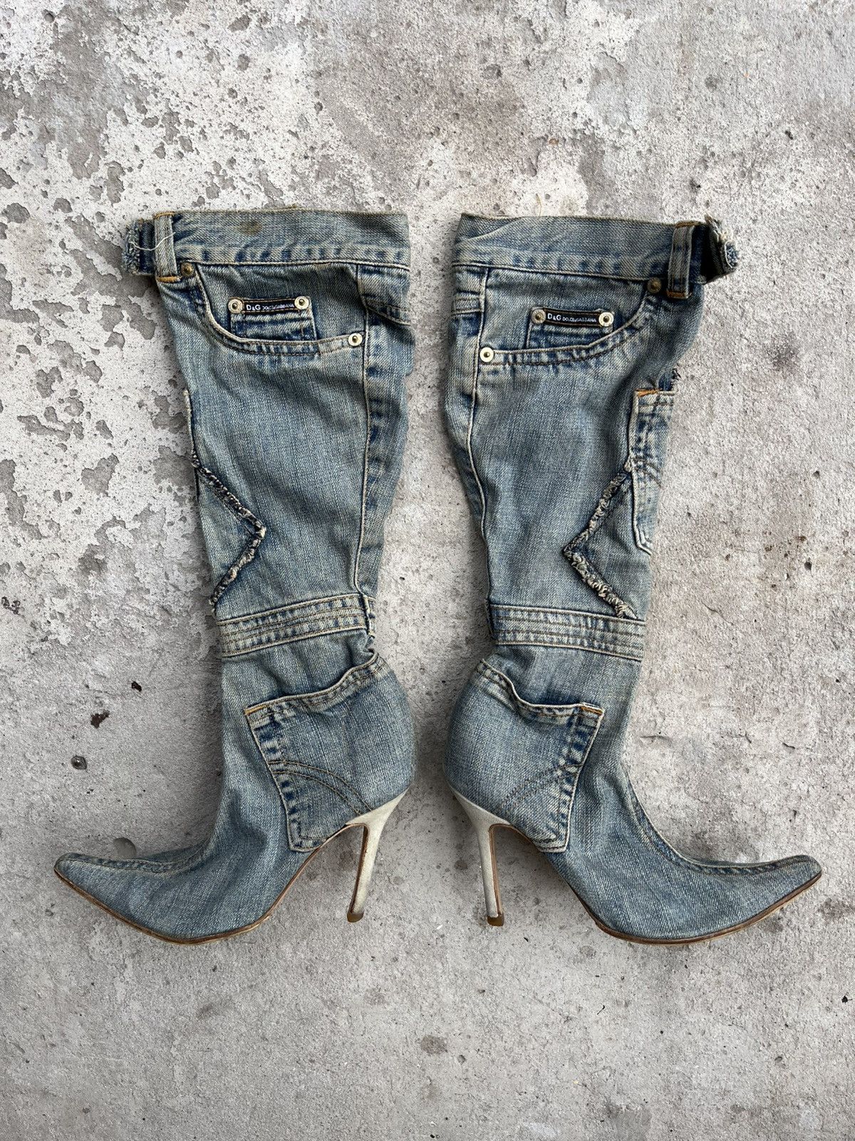 Dolce Gabbana 2000S Dolce & Gabbana Vintage Washed Denim Boots Heel Shoes Y2K in Blue, Women's (Size 9)