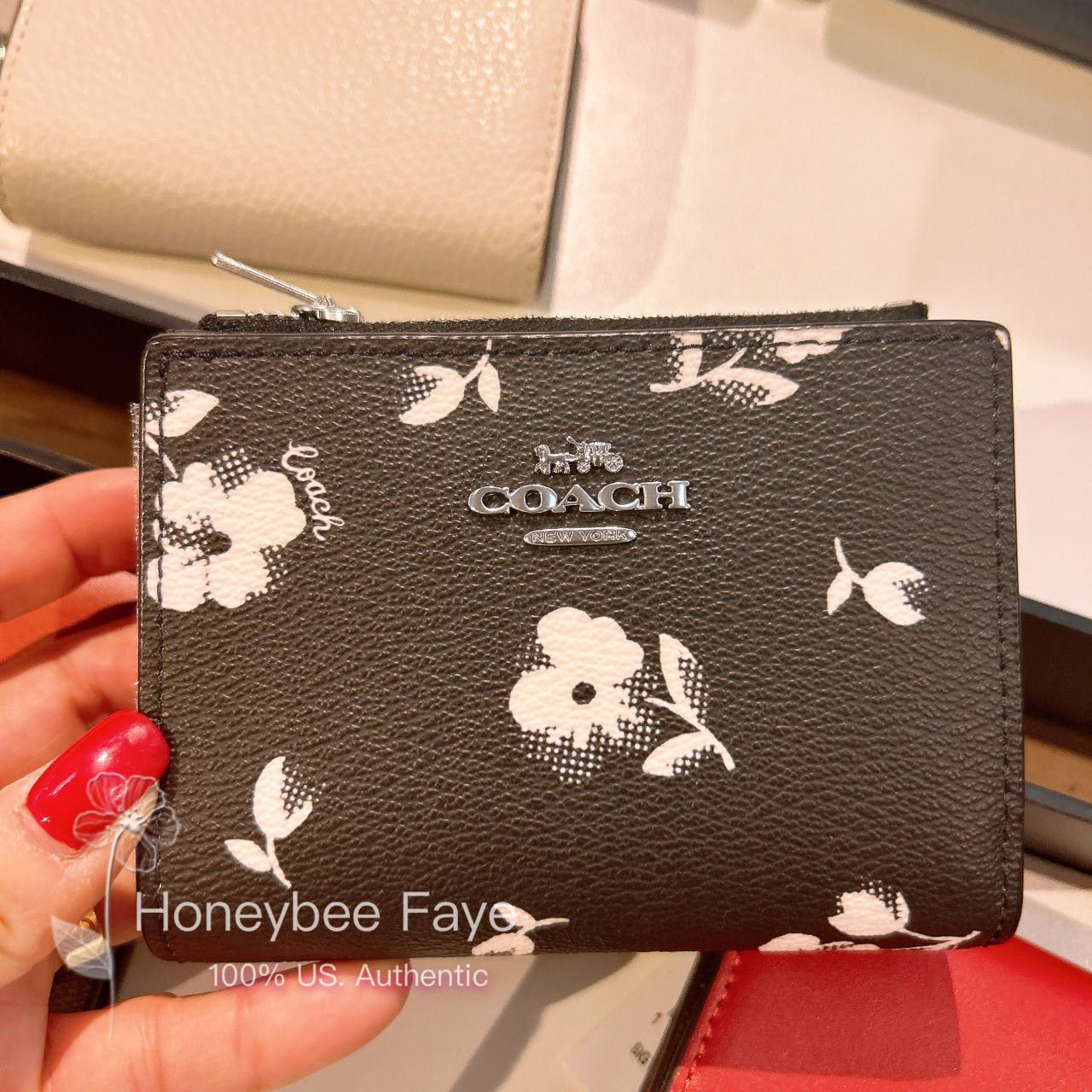 image of Coach Bifold Wallet With Floral Print Cp427 in Black, Women's