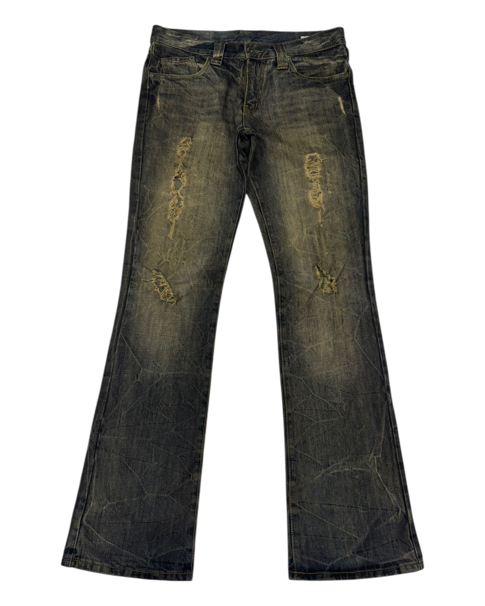 14th Addiction × KMRii × semanticdesign SEMANTIC DESIGN RUSTY MUD WASH FLARE JEAN DISTRESSED DENIM Size US 33 - 9 Thumbnail