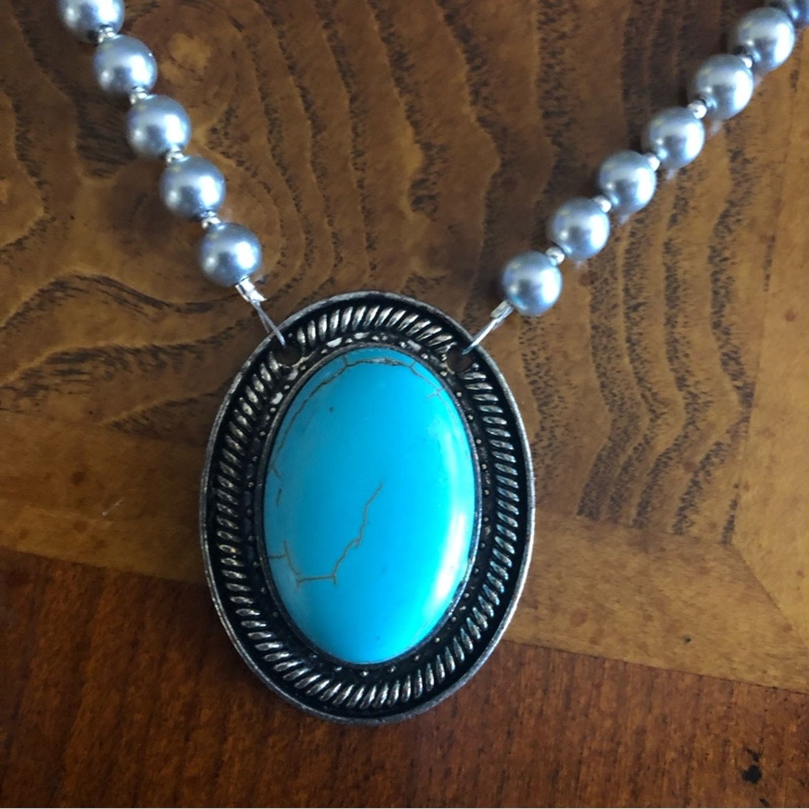 Handmade Handcrafted repurpose oval turquenite pendant Pearl necklace Size ONE SIZE - 11 Thumbnail