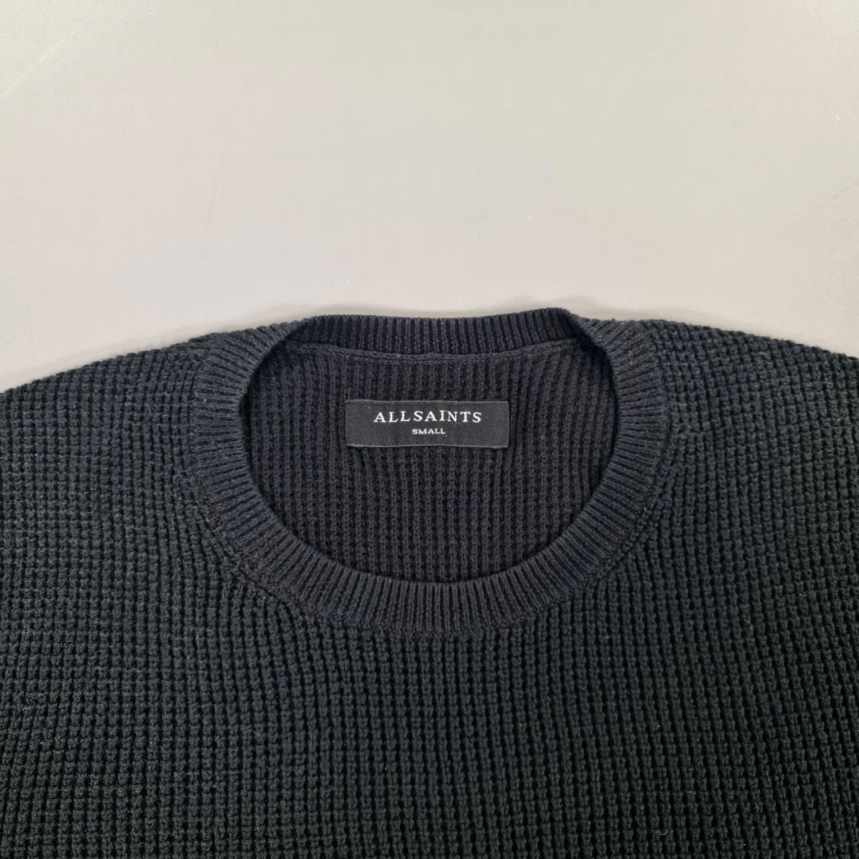 Allsaints AllSaints Mens Jumper Black Small Waffle Knit Cotton Trias Crew Sweater Pullover Size US S / EU 44-46 / 1 - 2 Thumbnail