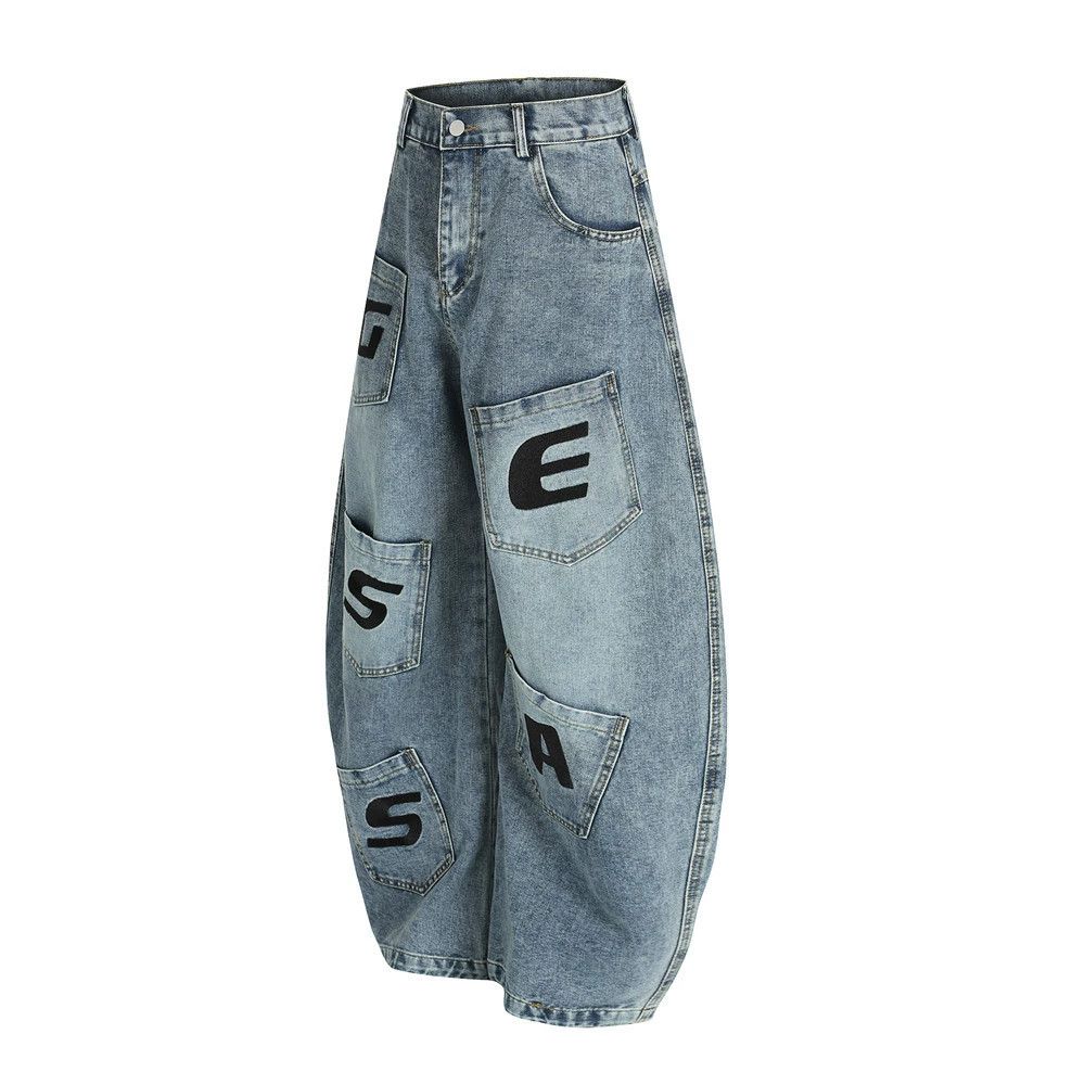 Jean Men's letter embroidery multi-pocket scimitar jeans Size US 32 / EU 48 - 2 Thumbnail