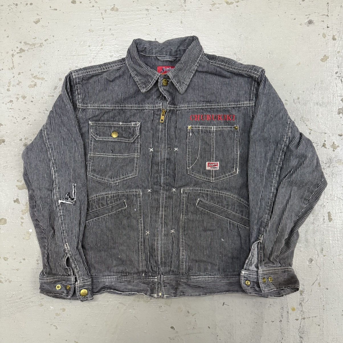 Japanese Brand 🔥Vintage Dogman Hickory Stripe Distressed Denim Work Jacket Size US L / EU 52-54 / 3 - 1 Thumbnail
