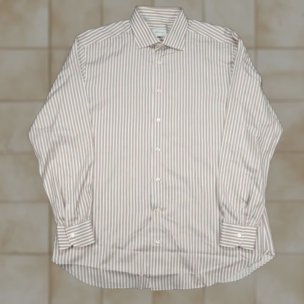 Brioni Brioni Shirt Men XL 17.5 Brown White Striped Long Sleeve Button Up Dress Shirt Vintage: No Size US XL / EU 56 / 4 - 1 Thumbnail