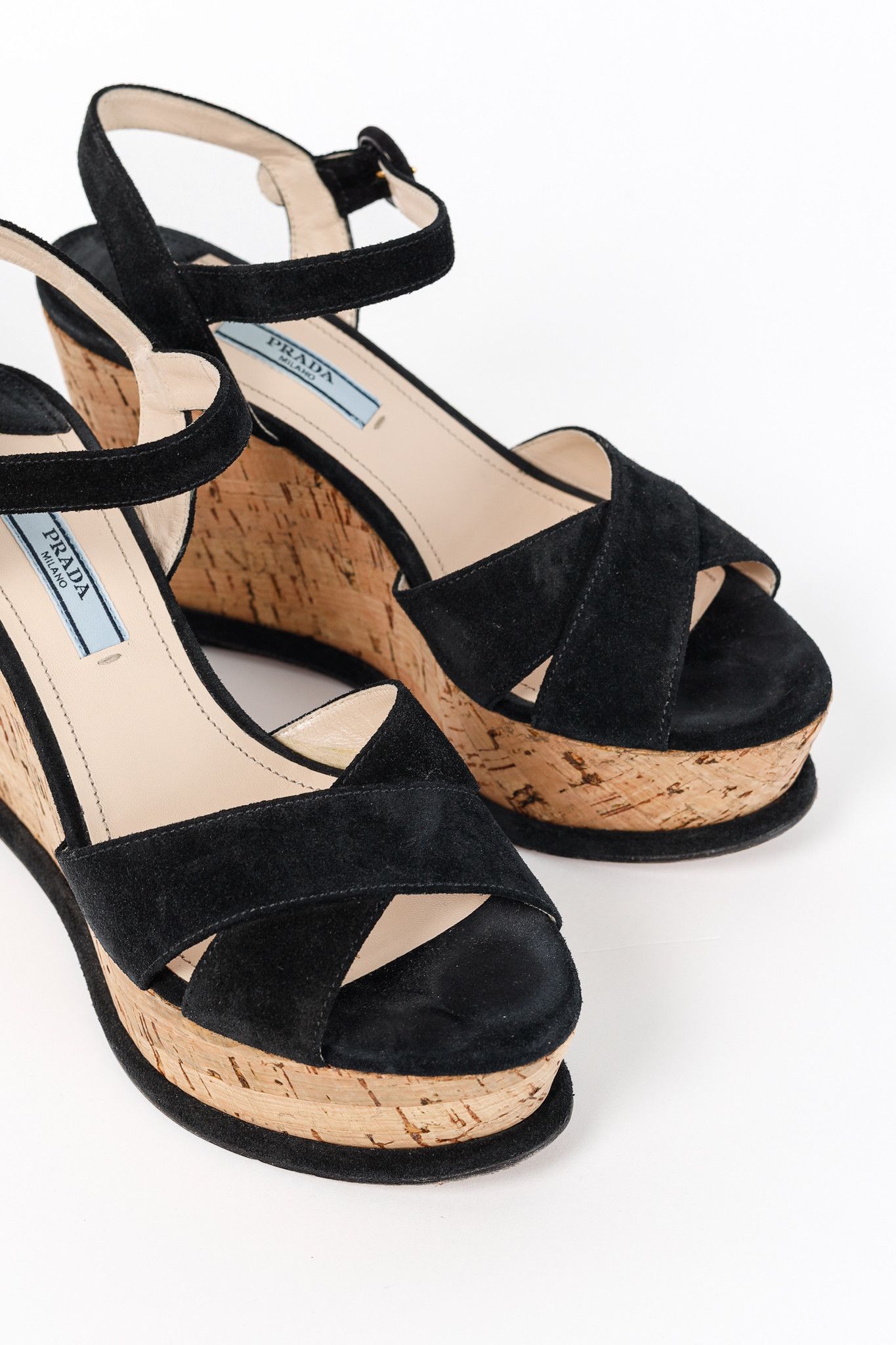 Prada Prada Nero Scamosciato Suede Cork Wedge Sandals Size US 6.5 / IT 36.5 - 6 Thumbnail