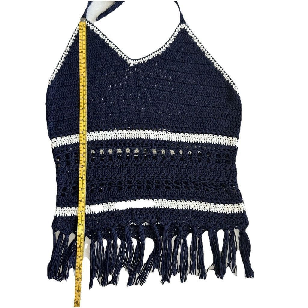 Other Y2K Lovemarks Halter Top Crochet Large Navy Stripes Tasseled Size L / US 10 / IT 46 - 12 Thumbnail