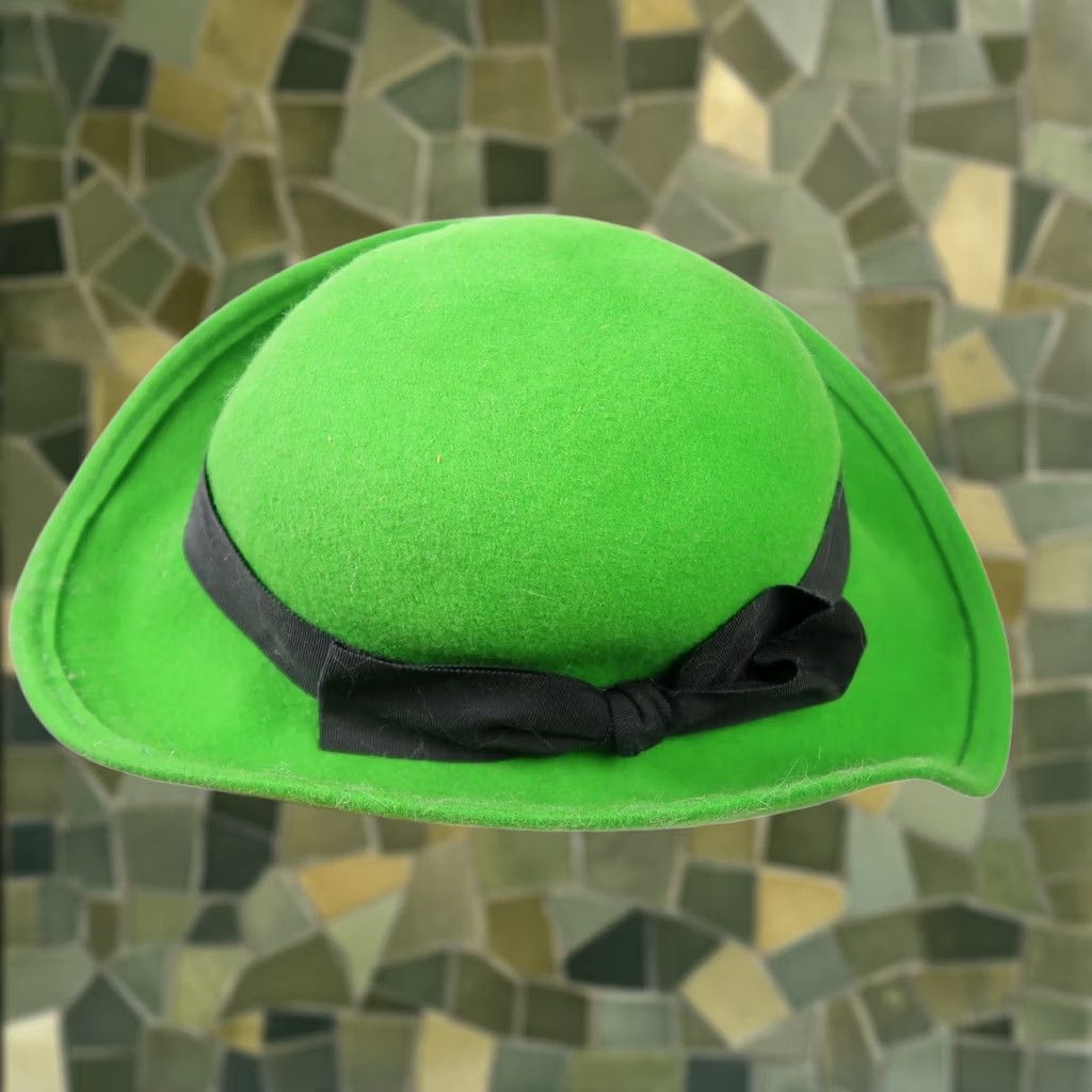 FELT VINTAGE Madcaps Green Felt Wool Wide Brim Hat One Size Women 60s 50s Casual Party/Cocktail Wool Felt Brown/Black Trim Size ONE SIZE - 1 Thumbnail