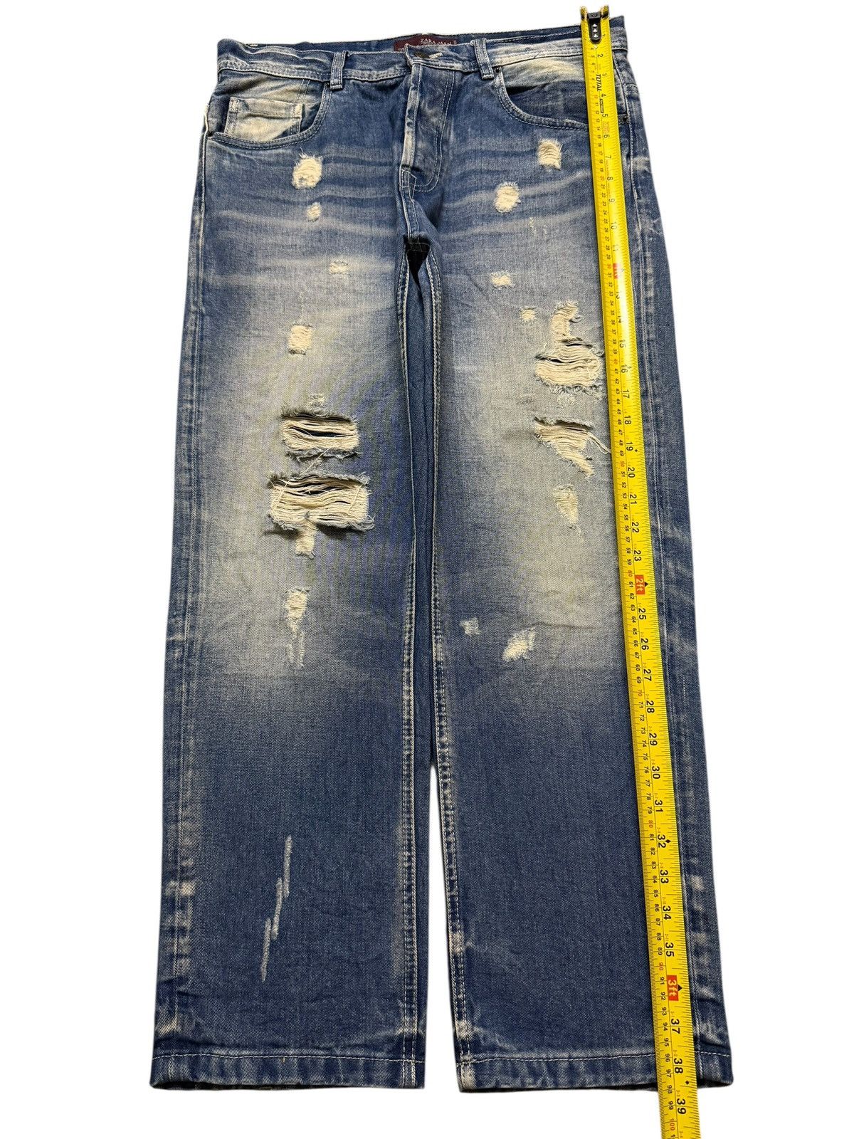 Zara Zara Mens Blue Faded Wash Distressed Destroyed Wide Leg Size US 33 - 7 Thumbnail