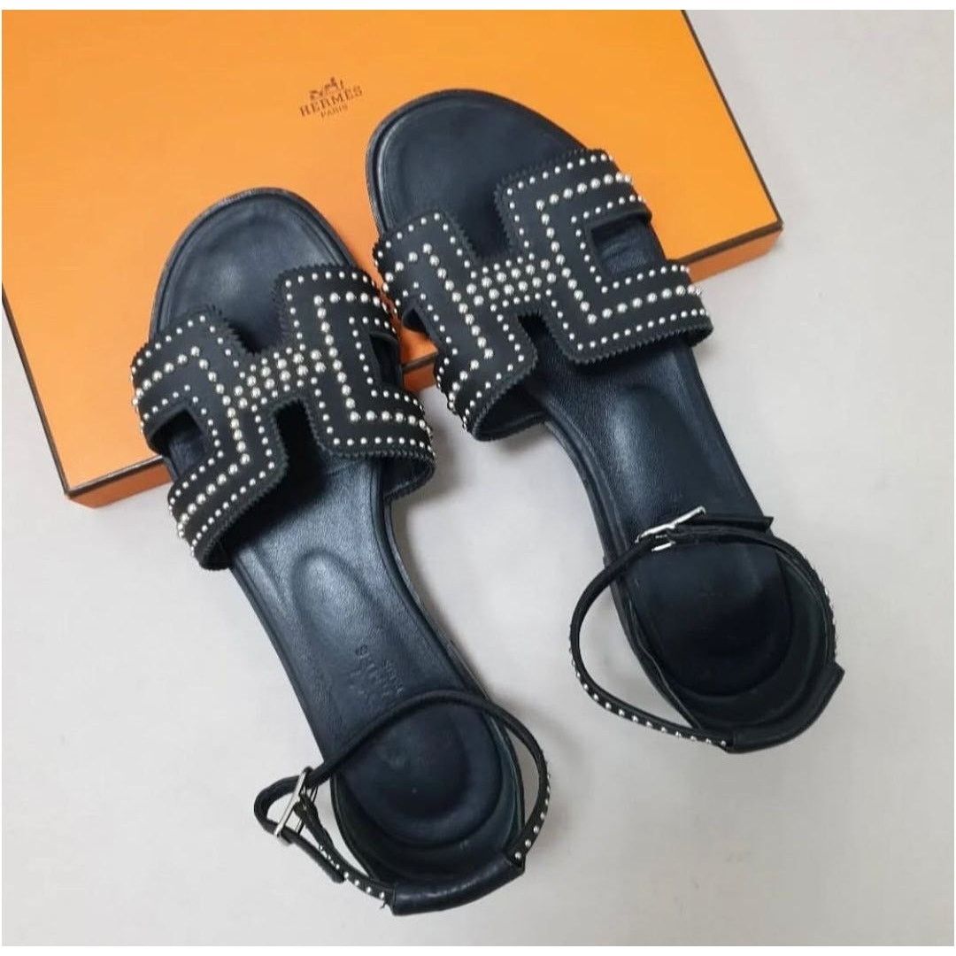 Hermes Hermes Black Leather Santorini Ankle Wrap Sandals Size 37 Size US 7 / IT 37 - 2 Thumbnail
