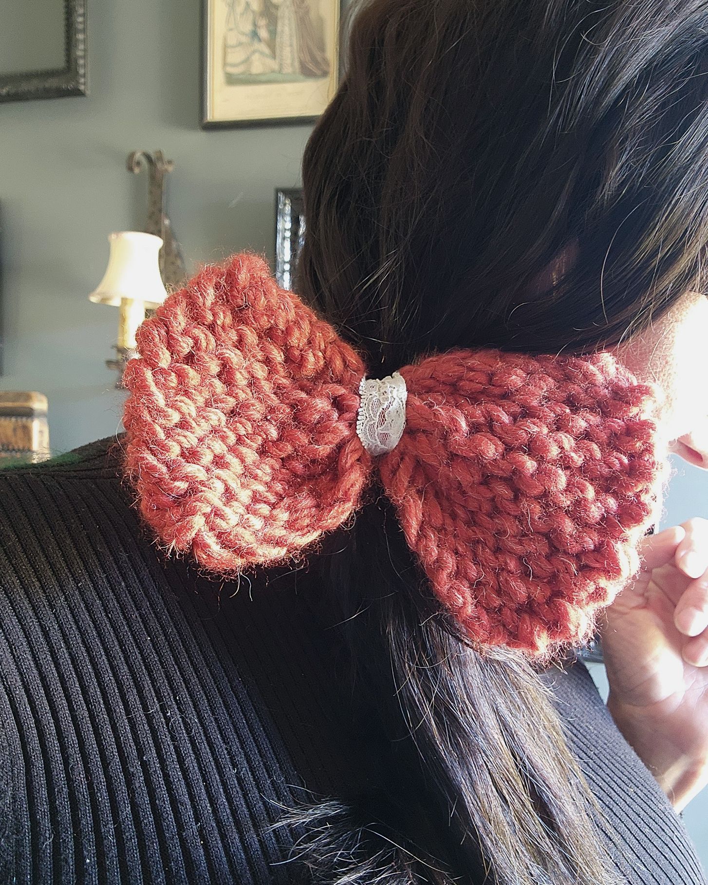Other Knit Hair Bow, Handknitted Rust Orange Ponytail Holder or Ha Size ONE SIZE - 4 Thumbnail
