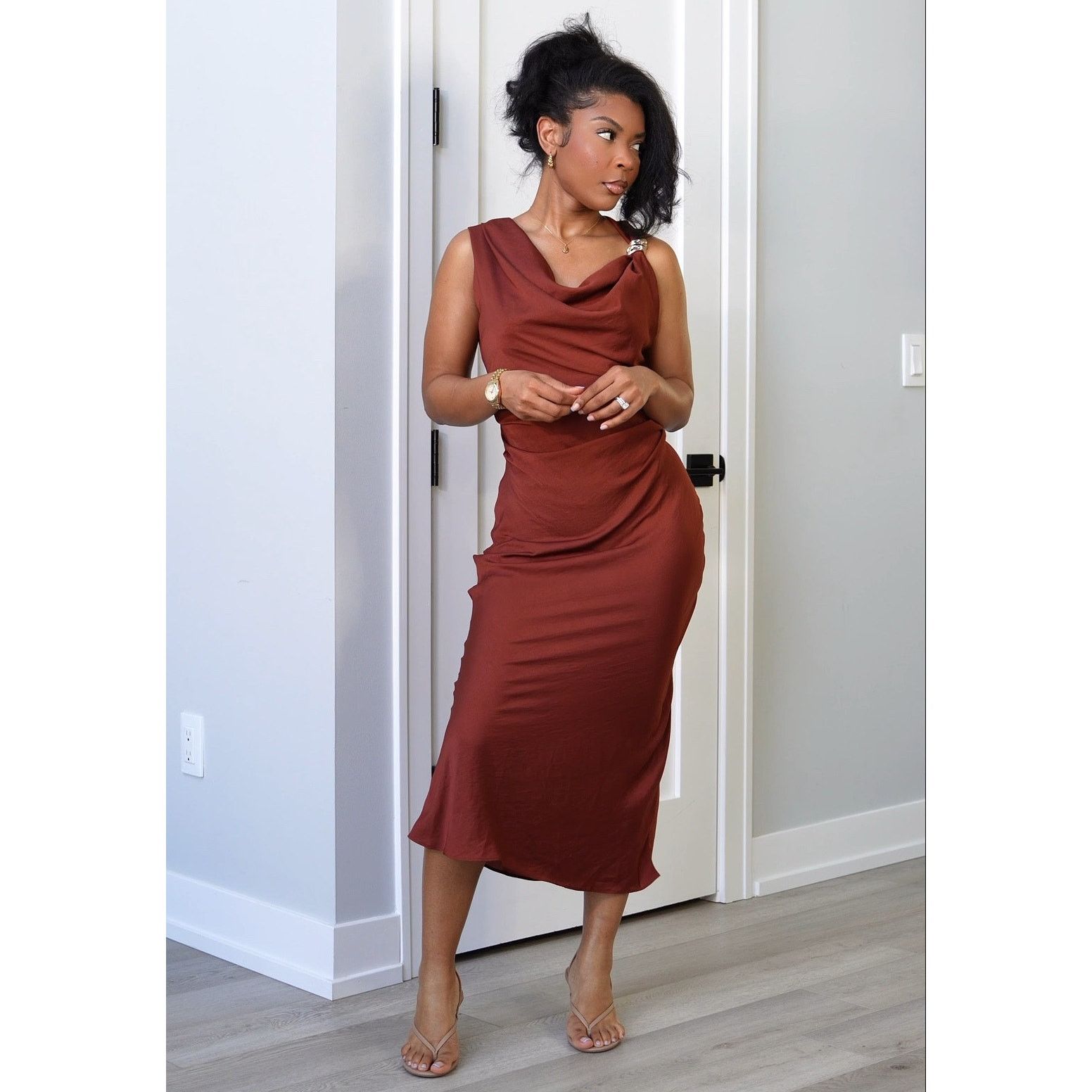brown flowy midi dress ZARA Neck NWT – – Shoulder Detail Color:plum