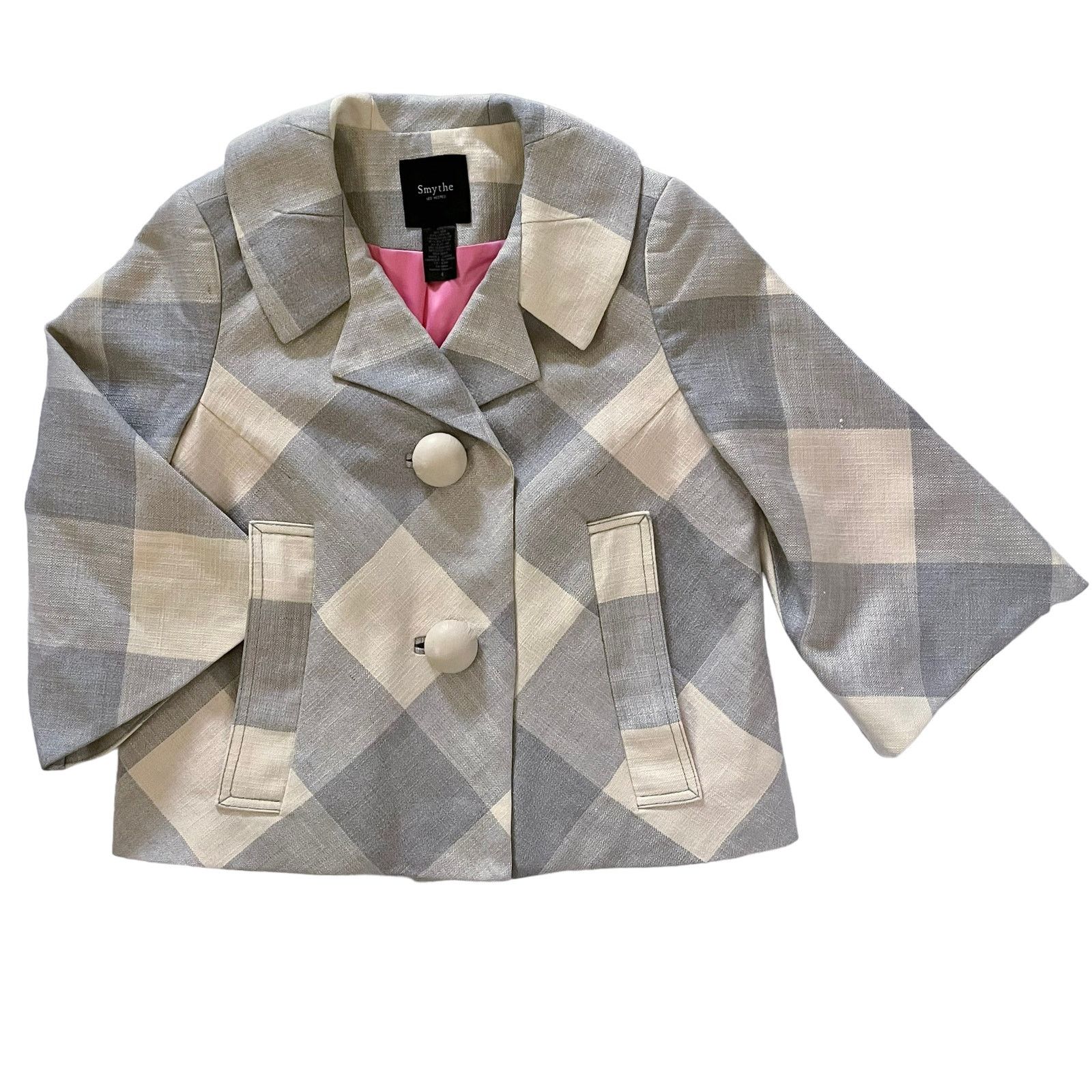 SMYTHE Smythe Light Gray Buffalo Check Cropped Silk Linen Jacket Size S / US 4 / IT 40 - 9 Thumbnail