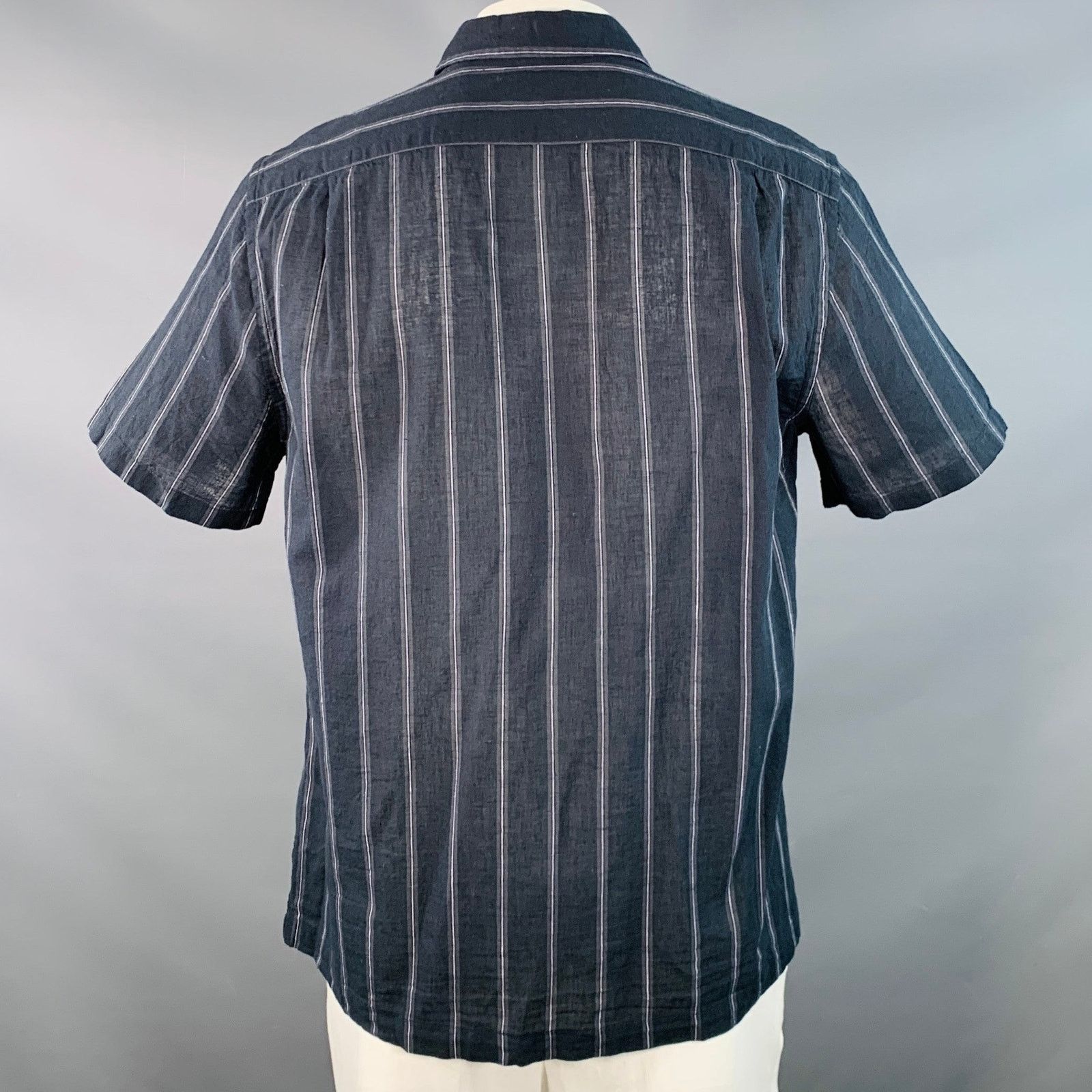 Vince Black Grey Stripe Linen Cotton Classic Fit One Pocket Shirt Size US L / EU 52-54 / 3 - 4 Thumbnail