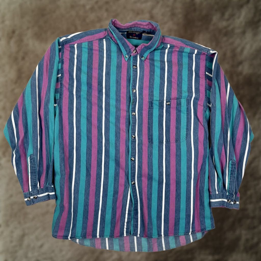 Revenge VINTAGE Revenge Shirt Mens XL Purple Striped Denim Long Sleeve Button Front Size US XL / EU 56 / 4 - 1 Thumbnail