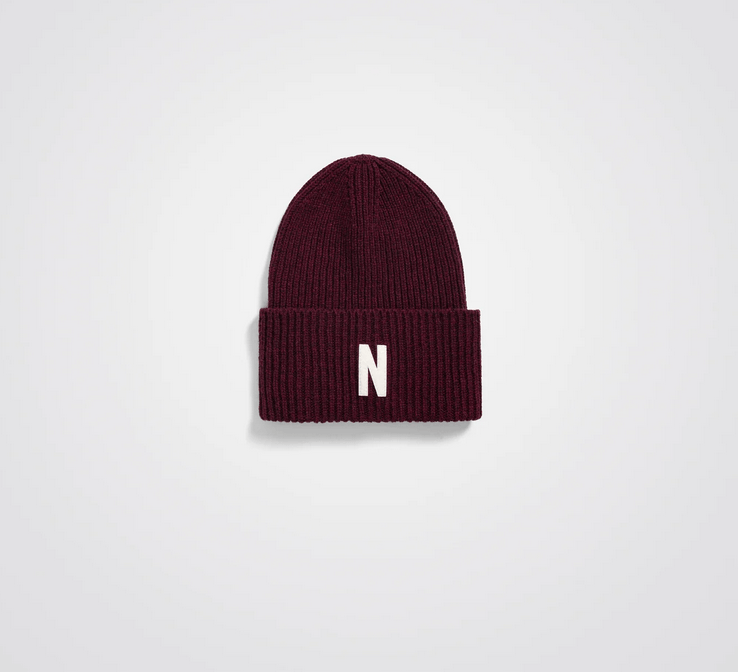 Pre-owned Norse Projects Merino Lambswool Rib N Logo Beanie In Burgundy