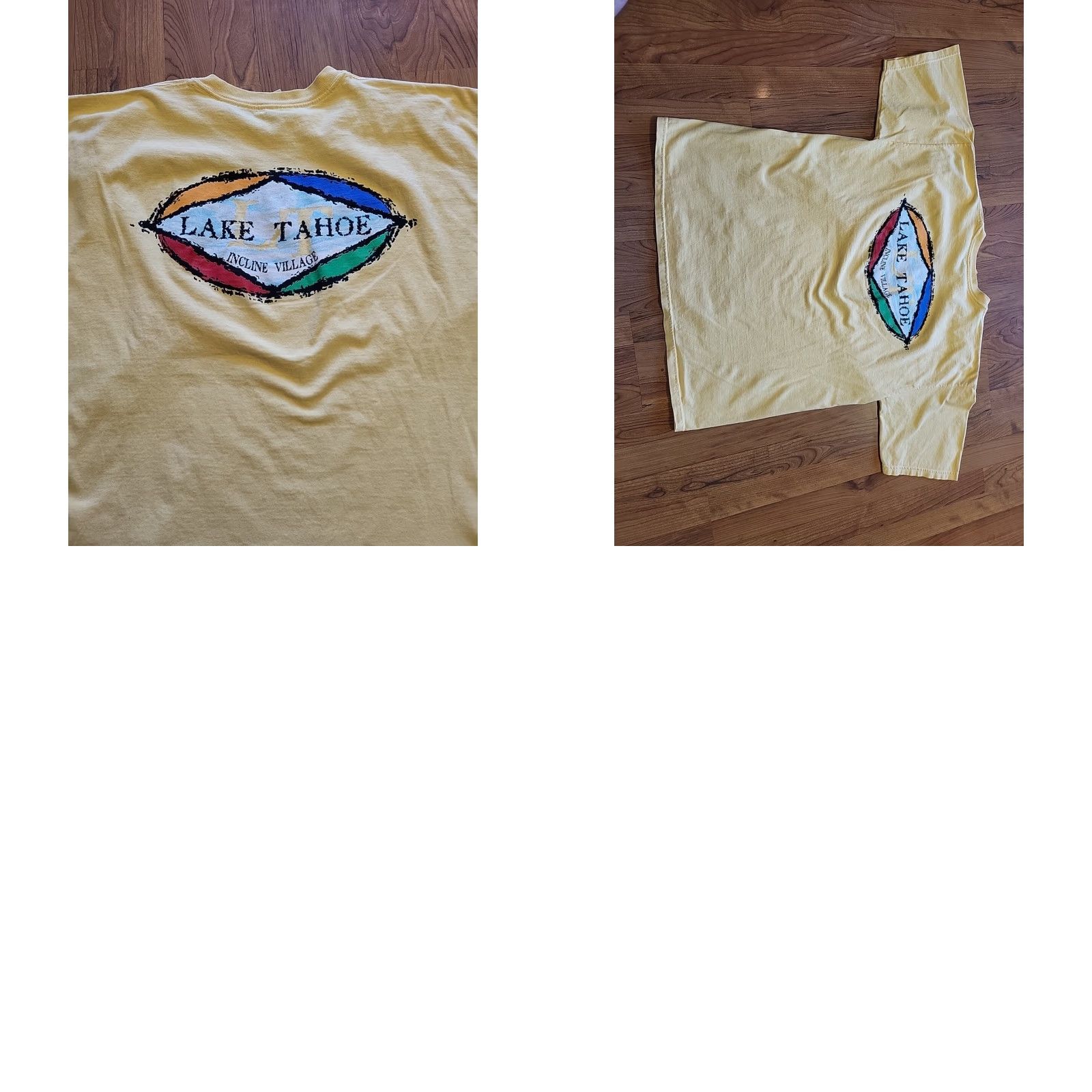 Gildan Gildan T-Shirt Lake Tahoe Incline Village Graphic Print Double Sided Yellow XL Men Casual Short Sleeve Crew Neck 24" Pit 30" Length Size US XL / EU 56 / 4 - 8 Thumbnail